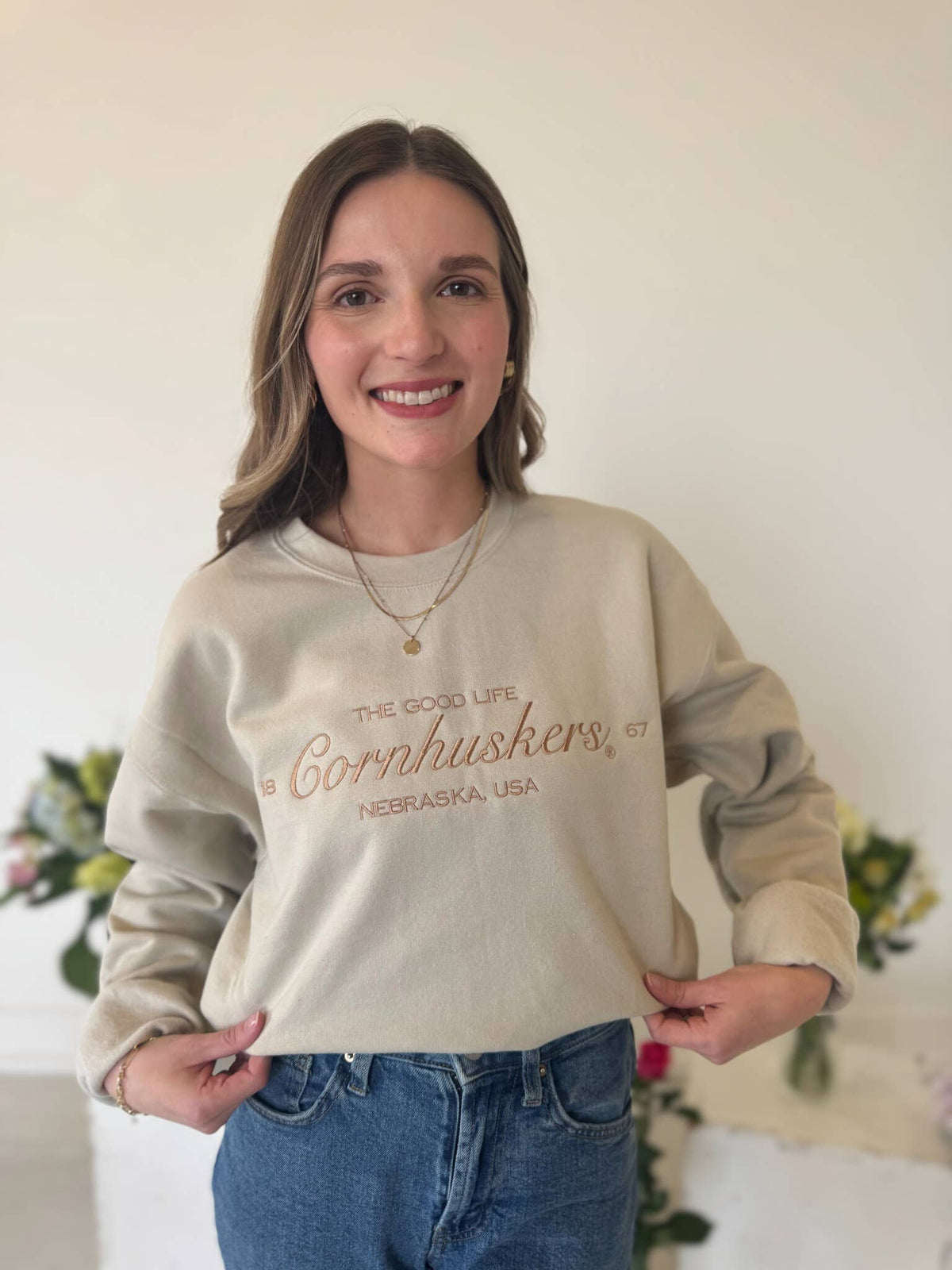 S-EMBROIDERED THE GOOD LIFE CORNHUSKERS - SAND CREW