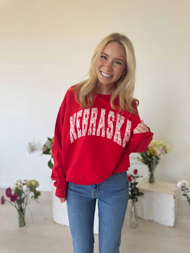 2XL-RED FLORAL NEBRASKA APPLIQUE - RED CREW