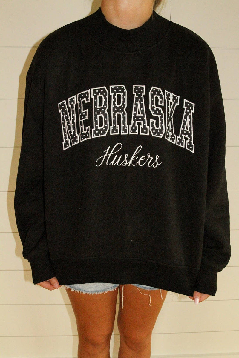 L/XL-WHITE POLKA DOT NEBRASKA CURSIVE HUSKERS BLACK MOCKNECK